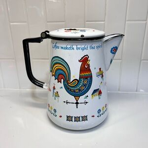 Vintage Berggren Enamelware Coffee Pot Rooster Folk Art